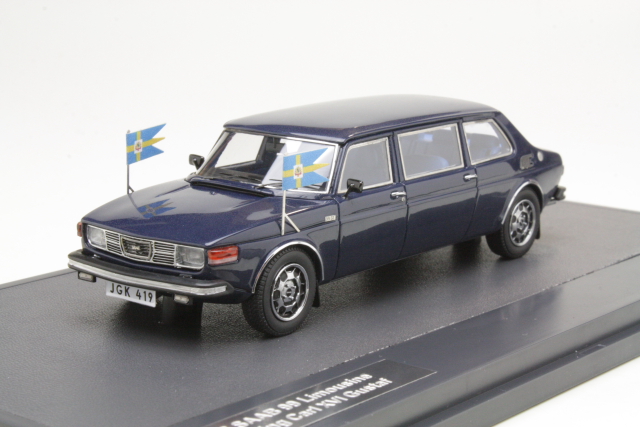 Saab 99 Limousine HRH King Carl XVI, tummansininen - Sulje napsauttamalla kuva