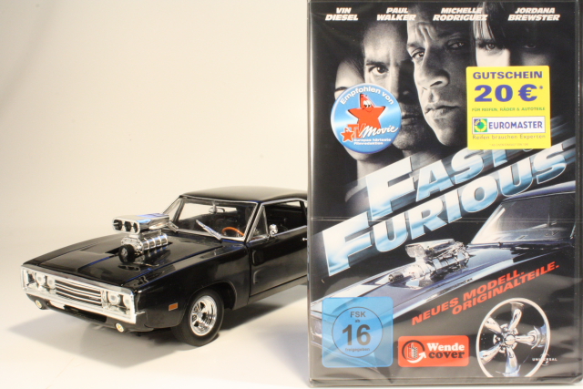 Dodge Charger 1970, musta "Fast&Furious" + DVD - Sulje napsauttamalla kuva